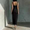 Women's Sleeveless Square Neck Midi Dress Fitted Waist Solid Strap Design Elegant Casual Party Wear for Summer and Spring