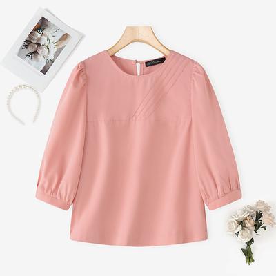 Women Casual Round Neck Solid Color Half Sleeve Blouse