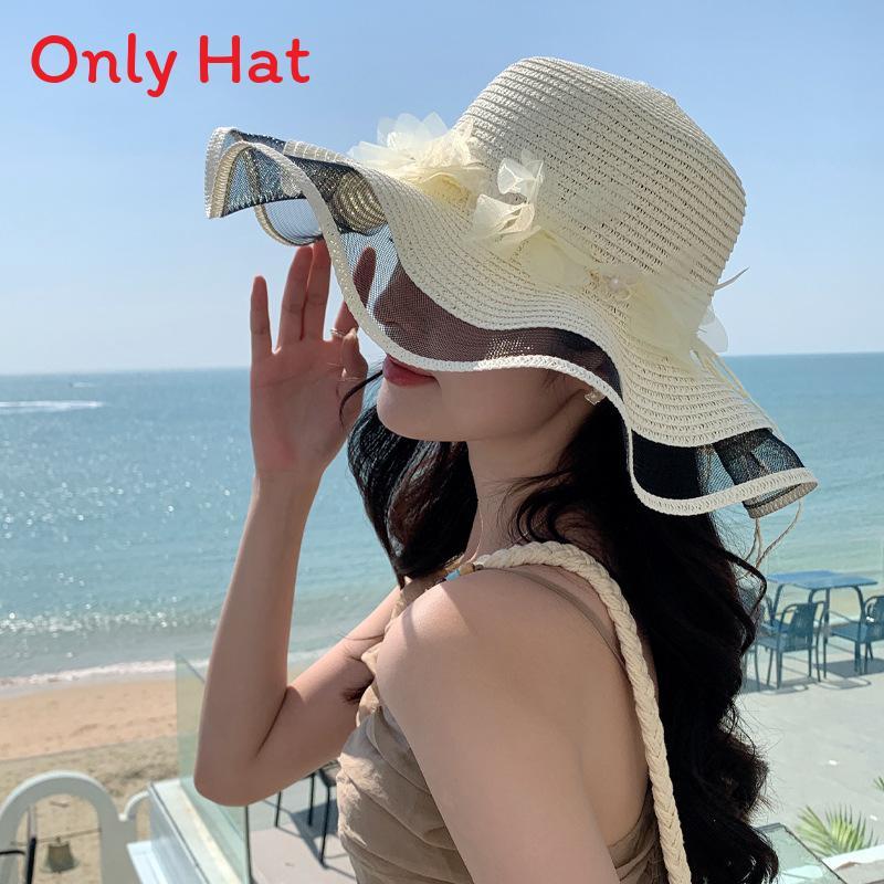 Summer Pearl Floral Straw Hat With Wide Brim For Outdoor Travel Sun Protection