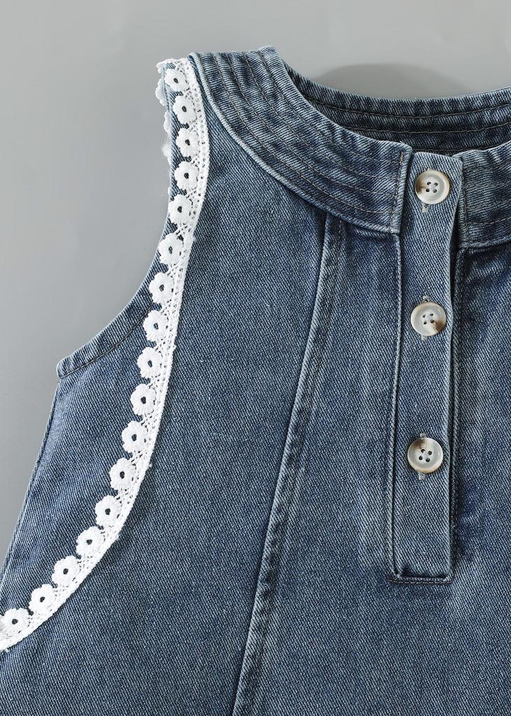 Girls Sleeveless Denim Dress with Lace Trim, Button Detail Casual Summer Outfit