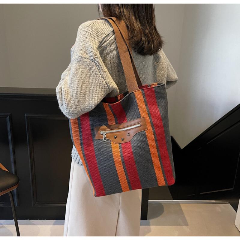 New Women's Bag Trendy Sweet Contrasting Handbag Canvas Bag Striped Tote Bag Large Capacity Shoulder Bag