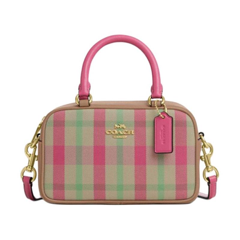 COACH 19 Brand Logo Contrast Check Calf Leather Boston Bag Shoulder Crossbody Handbag Small Women’s Color Blocking коричневый