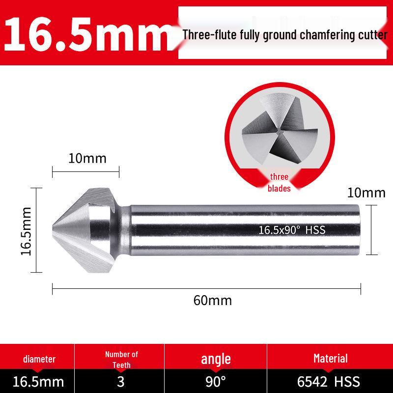 Straight Shank Single-Edge 3-Flute 45° Chamfering & Deburring Countersink Drill Bit, 90° Inner Hole Trimmer