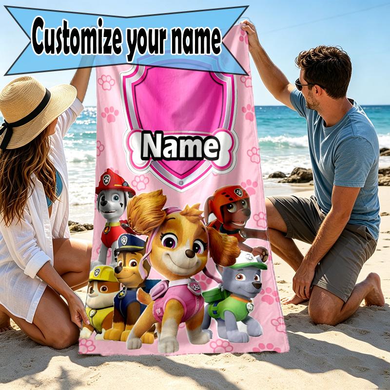 Asciugamano da Spiaggia Personalizzato con Nome e Stampa PAW Patrol, per Viaggio Campeggio Festa in Spiaggia Decorazione Casa, Regalo di Compleanno per Famiglia e Amici