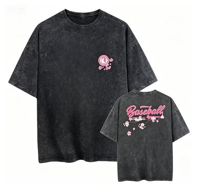 2026 new Washed Cotton Tshirt with Cherry Blossom  Baseball Print Casual Streetwear Top 2XL