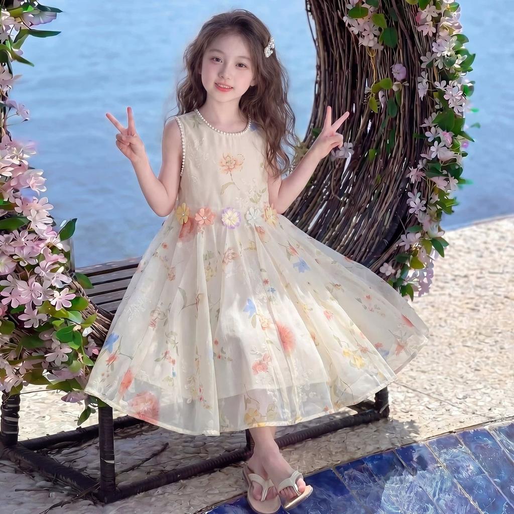 Robe florale rose douce pour filles - Robe de princesse d'été pour enfants
