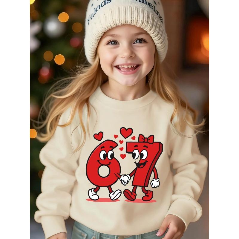 Unisex Kids White Crewneck Sweatshirt For 4-12 Girls Cartoon Number 6 And 7 Holding Hands Bow Red Heart Cute Character Print Soft Long Sleeve Pullover