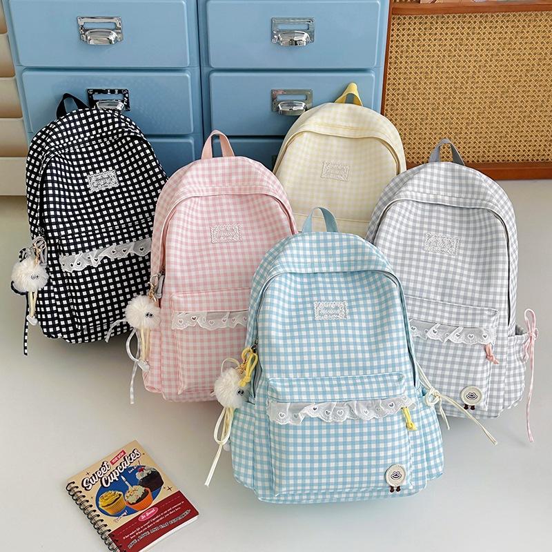 Schoolbag Korean fresh plaid corrugated backpack girl heart lace small schoolbag girls junior high school students female commuter bag