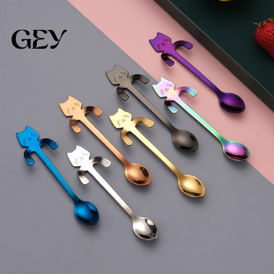 Dessert Stirring Spoon 304 Stainless Steel Coffee Spoon, Hanging Cat for Mugs Tall Cups, Long Eco-friendly Drink Stirrer Handle Tea Ideal Desserts