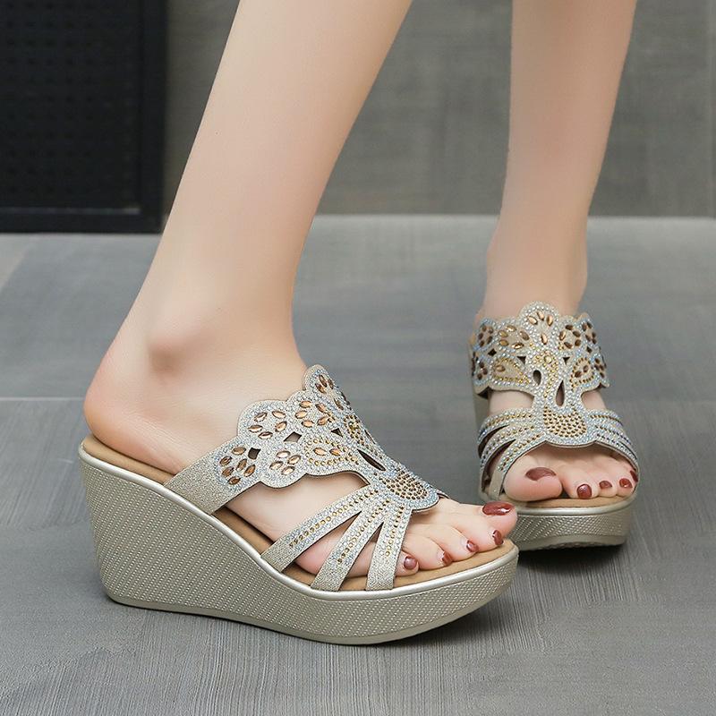 2025 Summer New Rhinestone High-heeled Wedge Heel Drag Sandals Women's Muffin Platform Slippers Wedge Heel Large Size Cool Slippers 43