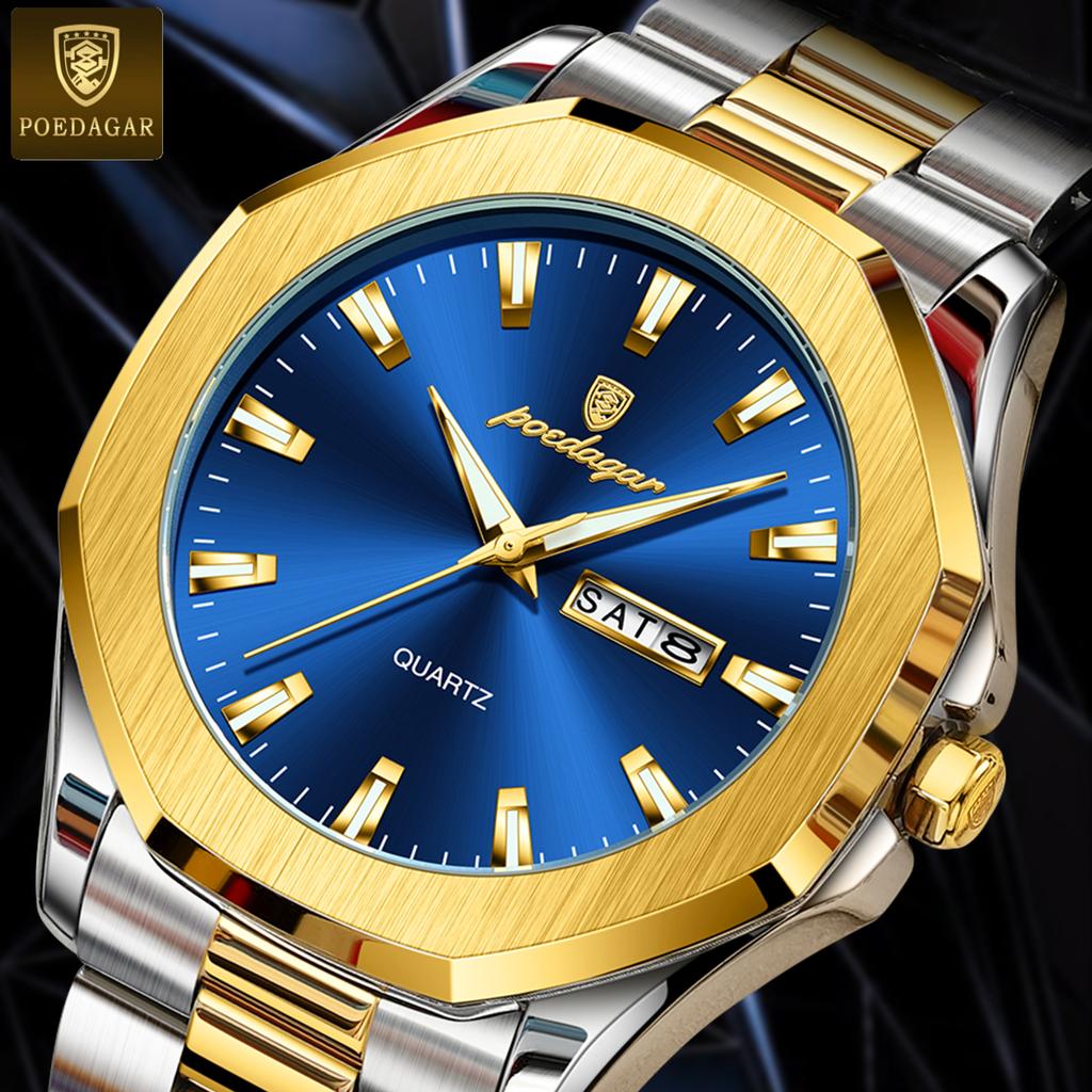 POEDAGAR Luxury Men Wristwatch Waterproof Luminous Week Date Original Man Watch Stainless Steel Sport Quartz Men's Watches