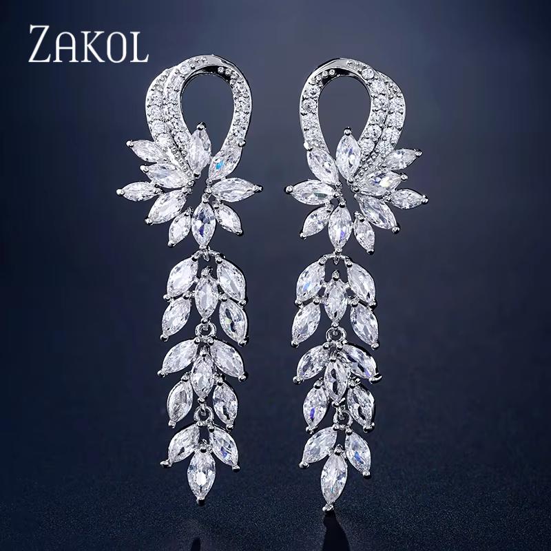 ZAKOL Fashion Water Drop Zircon Dangle Earrings For Women Luxury White Leaf Drop Earrings Bridal Wedding Party Jewelry