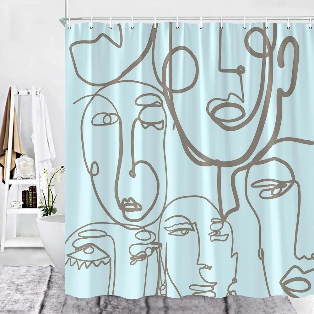 Abstract Face Shower Curtain Hooks Geometric Lines Face Simple Art Fabric Bathroom Decor Fabric Curtains Polyester Washable