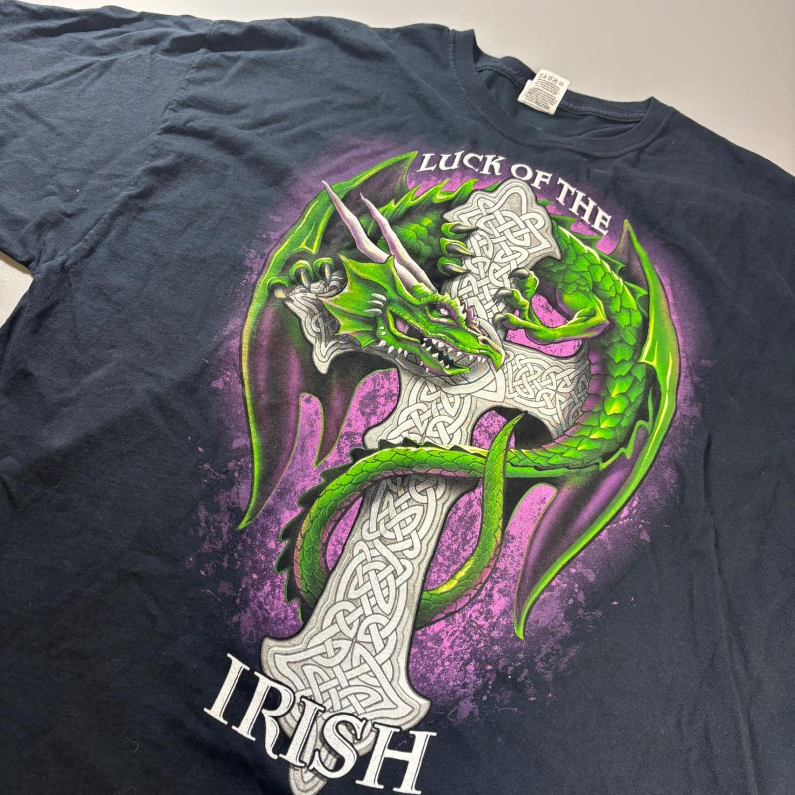 Luck of the Irish Dragon Celtic Cross Graphic T Shirt Mens 2XL Black St Patrick Unisex T-Shirt S