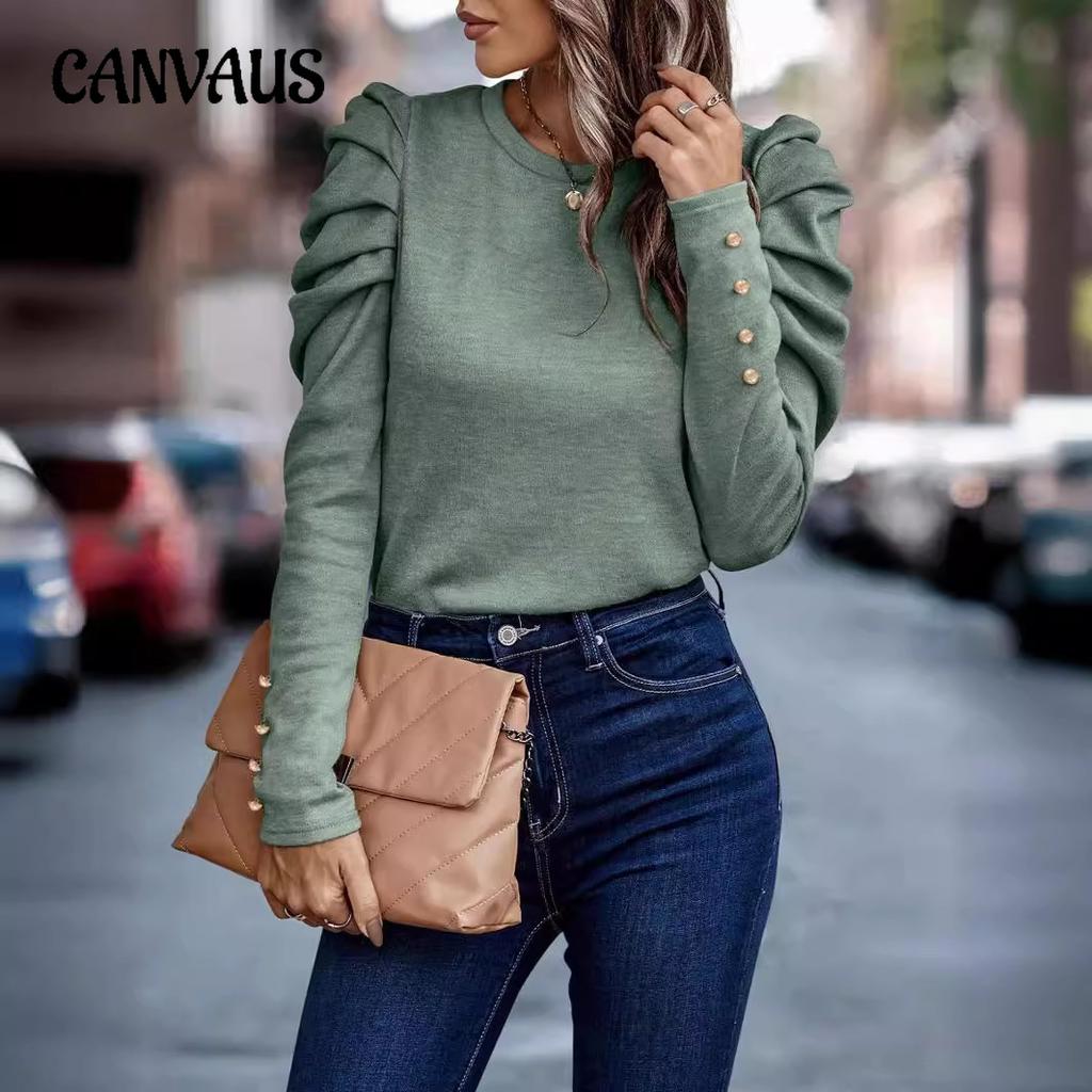 Damenbluse Herbst und Winter Hochelastisch Rundhalsausschnitt Slim Puffärmel Langarm Oberteil