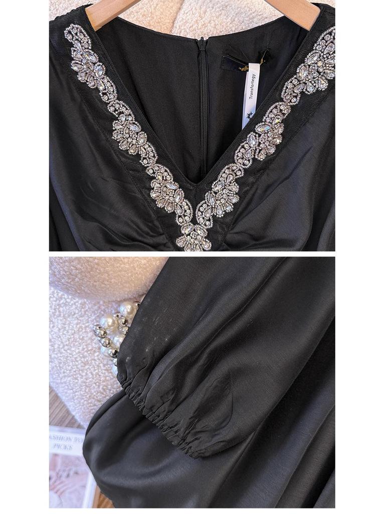 High-End Plus Size Women's V-Neck Rhinestone Dress (130-300 lb) - Elegant French Style