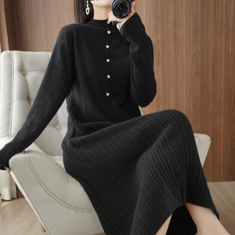 Robe Pull en Laine Coréenne pour Femme Automne/Hiver 2022, Couleur Unie, Col Semi-Montant, Longueur au-Dessus du Genou