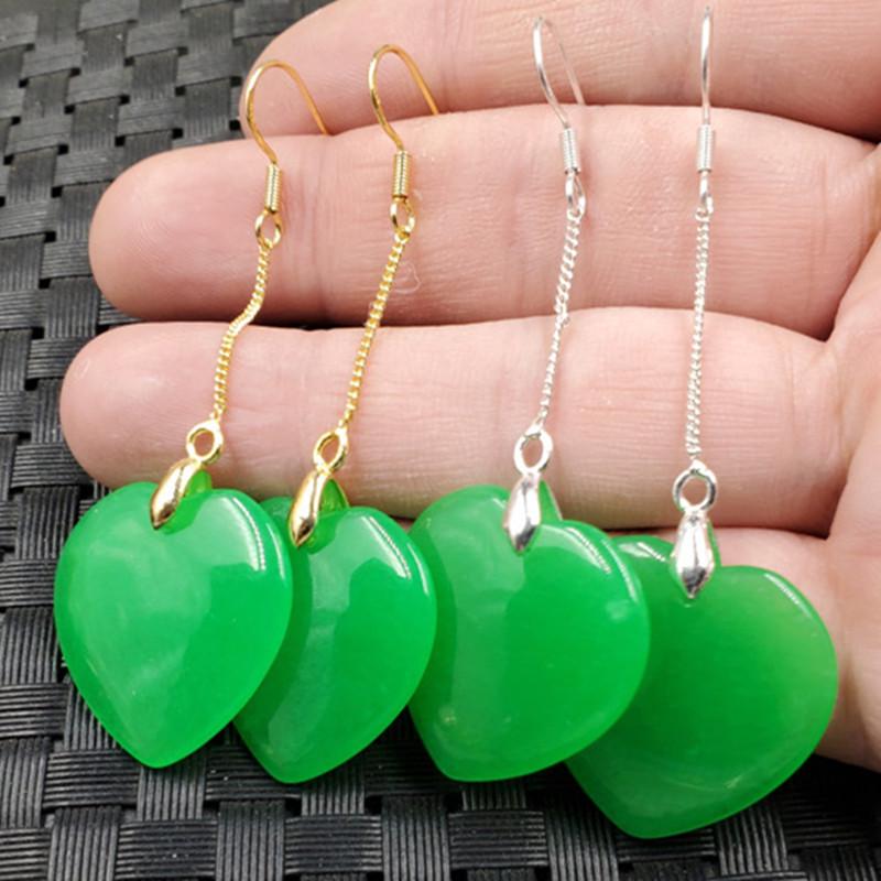 Emerald Green Heart-Shaped Jade Dangle Earrings with Quartzite Gold Variant