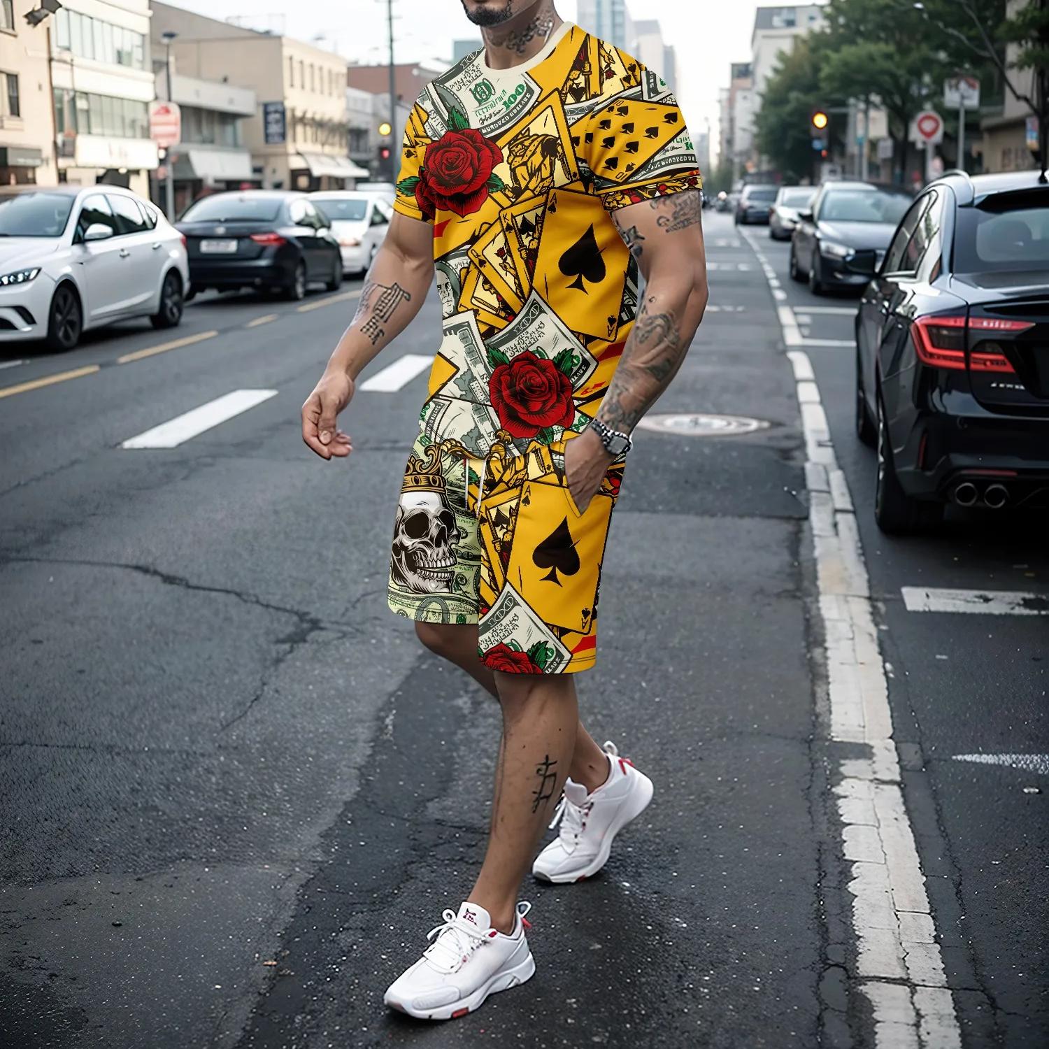 

Новая мужская спортивная одежда с 3D-принтом черепа и розы, футболка с короткими рукавами и спортивные шорты, летние повседневные спортивные штаны, комплект из двух предметов 6XL