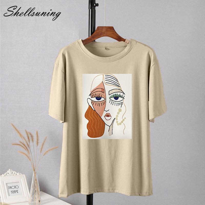 Shellsuning Summer Retro Character Printed T Shirts Women Korean Graphic Trendy Tees Loose Casual Short Sleeve Female Tops