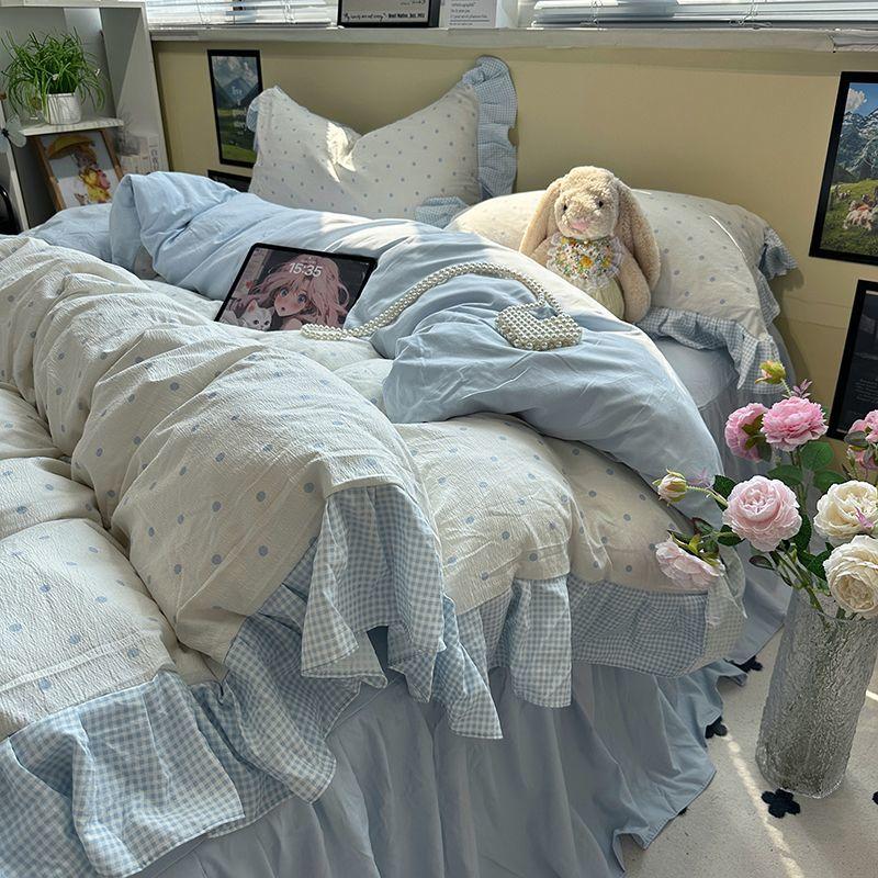 Korean Bedding Set Luxury Quilt Cover Pillowcase Flat Bed Sheet Skirt Fitted Sheet Girl Princess Ruffle Home Textile Christmas