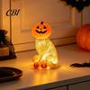 Halloween Party Table Centerpiece Lighted Pumpkin Cat Figurine, Spooky Tabletop Resin Sculpture, Autumn Seasonal Room Accent Fall Ornament for Indoor