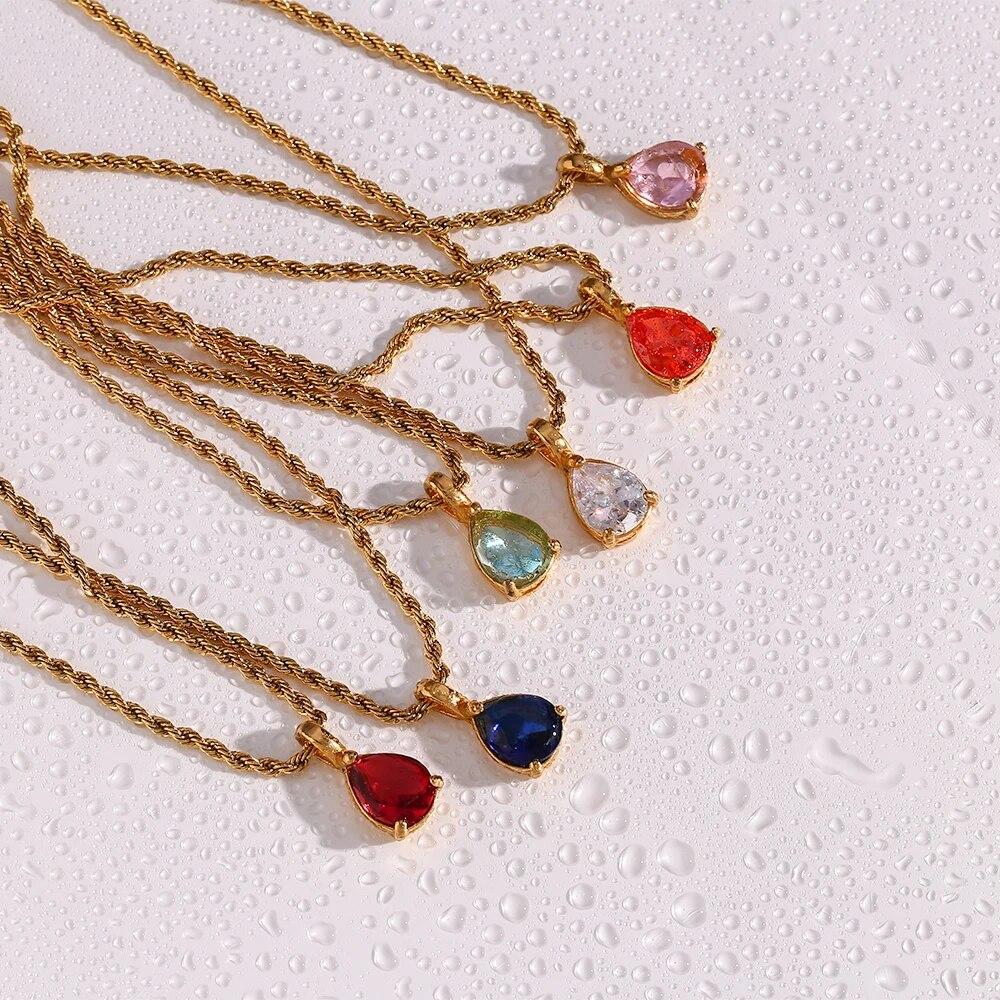 2022 Waterproof Fashion Birthstone Necklace Jewelry Gift For Women 12 Colors Zircon Waterdrop Pendant Necklace with Rope Chain