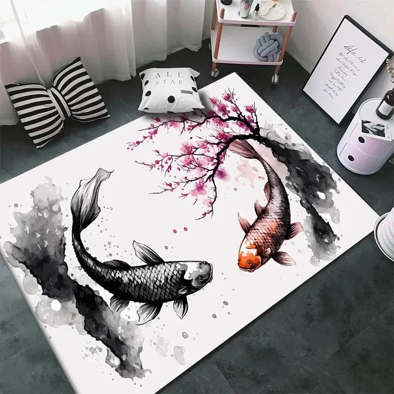 Chinese Koi Carp Ink Painting Good Luck Rug Pink Cherry Blossoms Carpet For Living Room Bedroom Home Decor Door Mat