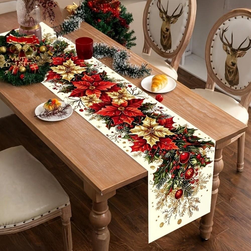Santa Snowman Christmas Table Runner Tabletop Decoration Poinsettia Table Runner Weddings