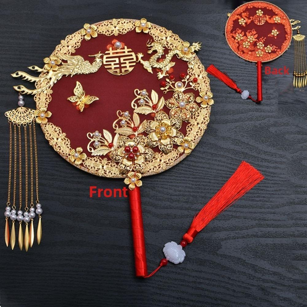 Traditional Chinese Bride Group Fan Flower Pattern Vintage Hanfu Fan Handheld Bridal Wedding Fan