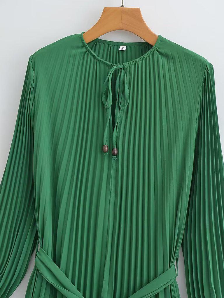 2025 Spring/Autumn Women's Fashion Crew Neck Long Sleeve Belted Pleated Maxi Dress