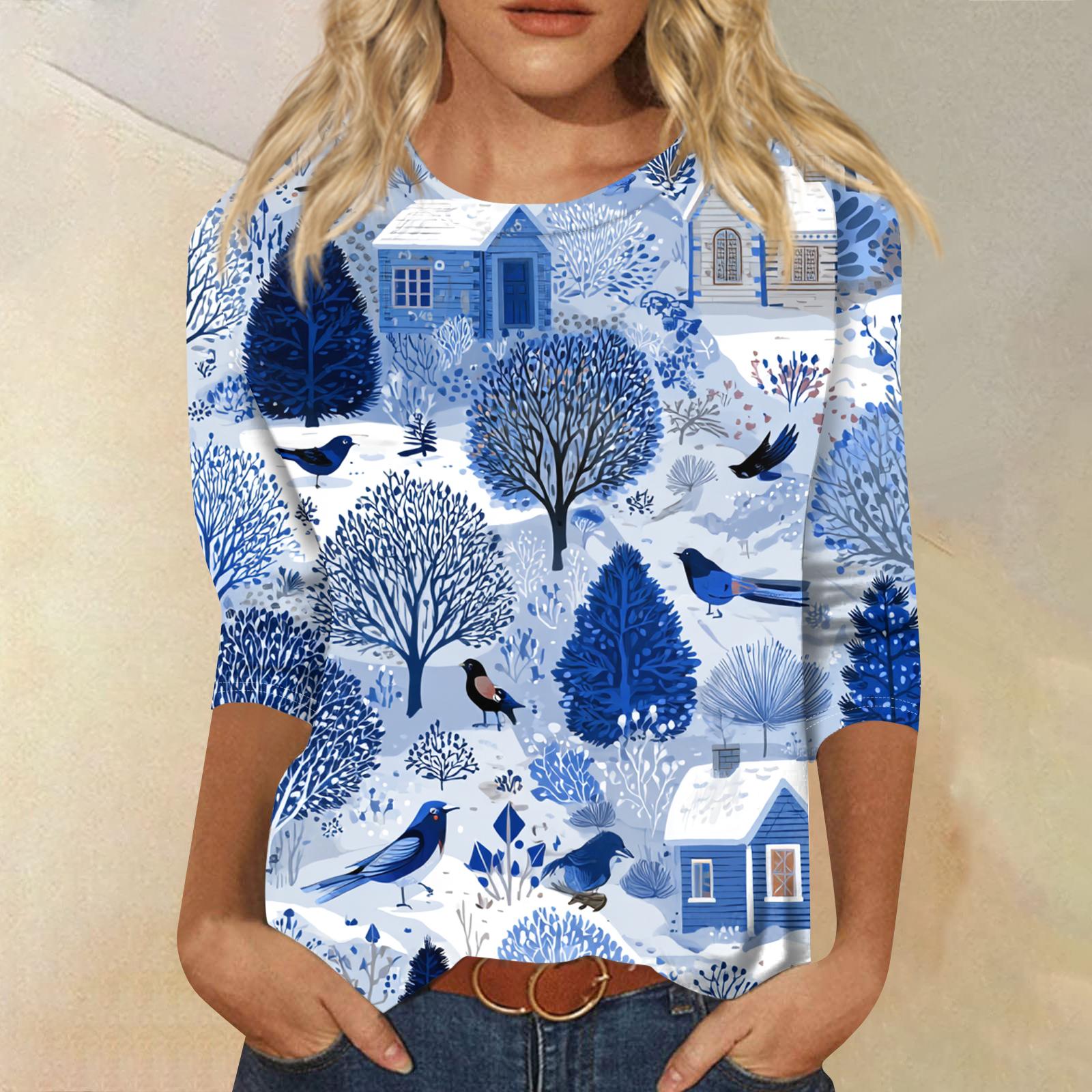 

Женская модная повседневная футболка с круглым вырезом и рукавом три четверти с рождественским принтом XXL синий