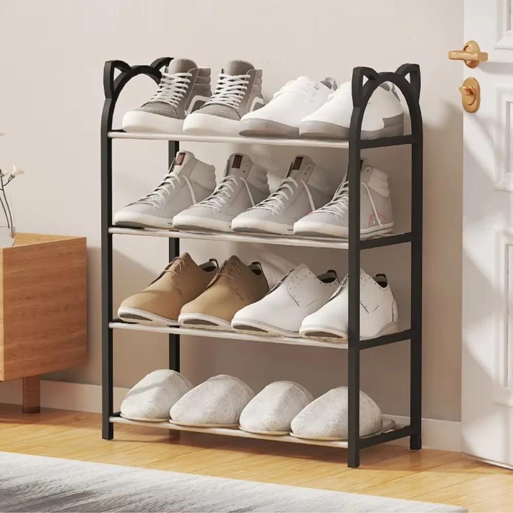 4 Layers Simple Shoe Rack Cat's Ears Design No Hole Assembly Metal Integrated Racks Economical Floor Standing Home Shoe Shelf