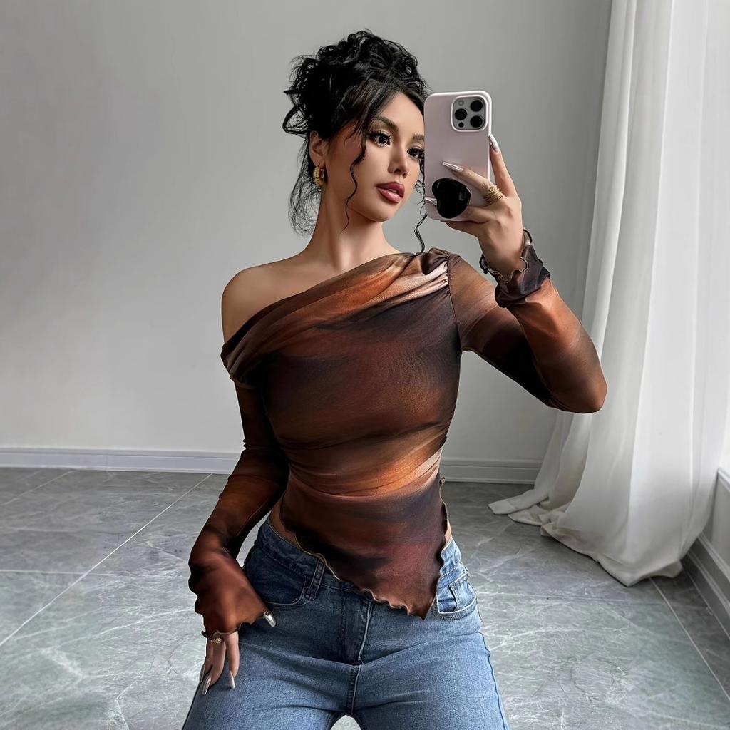 European and American Style Slanted Shoulder Smudged Mesh Top Female Slim and Thin Spice Girl Style Tie-dye Off-shoulder Long-sleeved T-shirt Bottomi