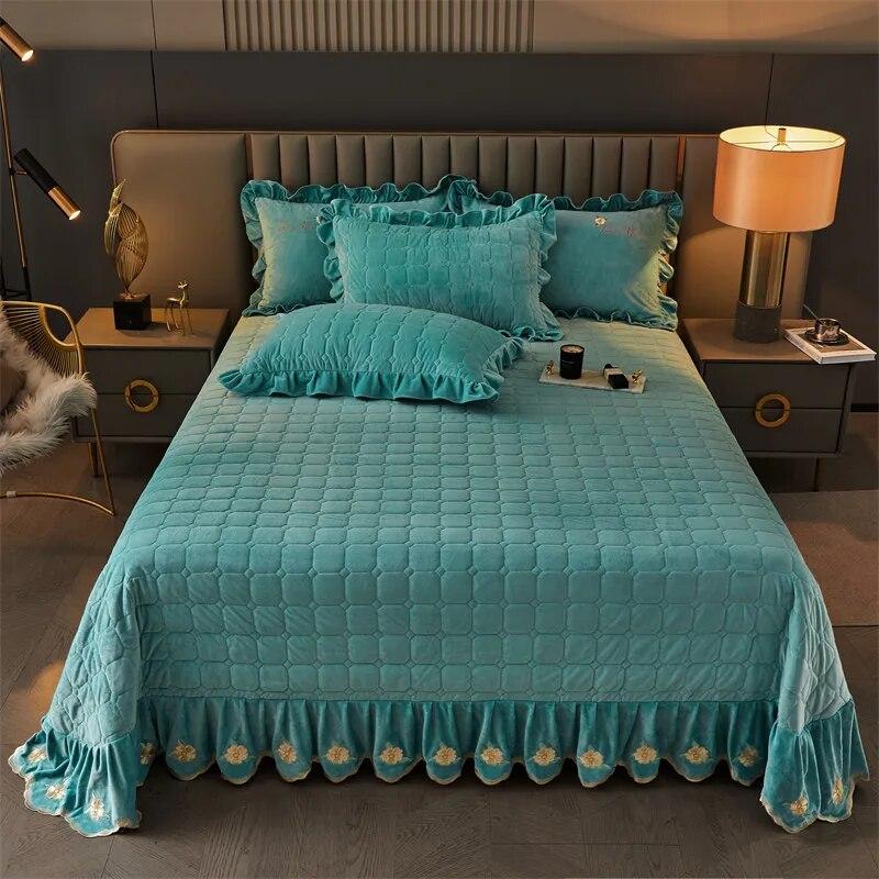 Thick Velvet Bedspread and Pillowcase Queen King Double Coverlet Quilted Soft Bed Sheet Embroidery Ruffle Skirt