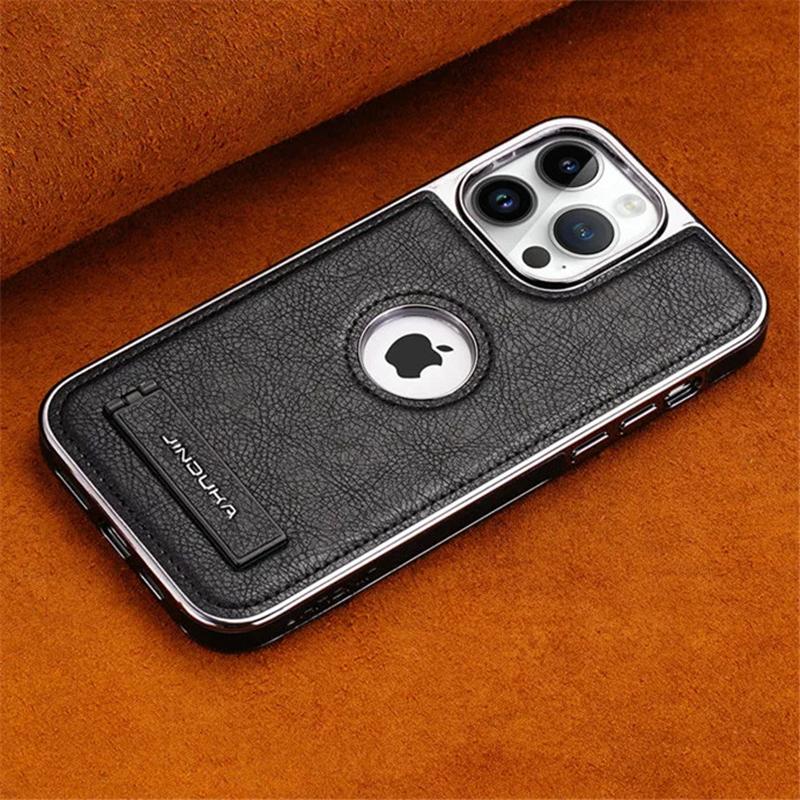 Coque de téléphone avec pare-chocs plaqué, cuir, support pliable, pour iPhone 16 15 11 12 13 14 Pro Max Plus, étui fin avec support métallique