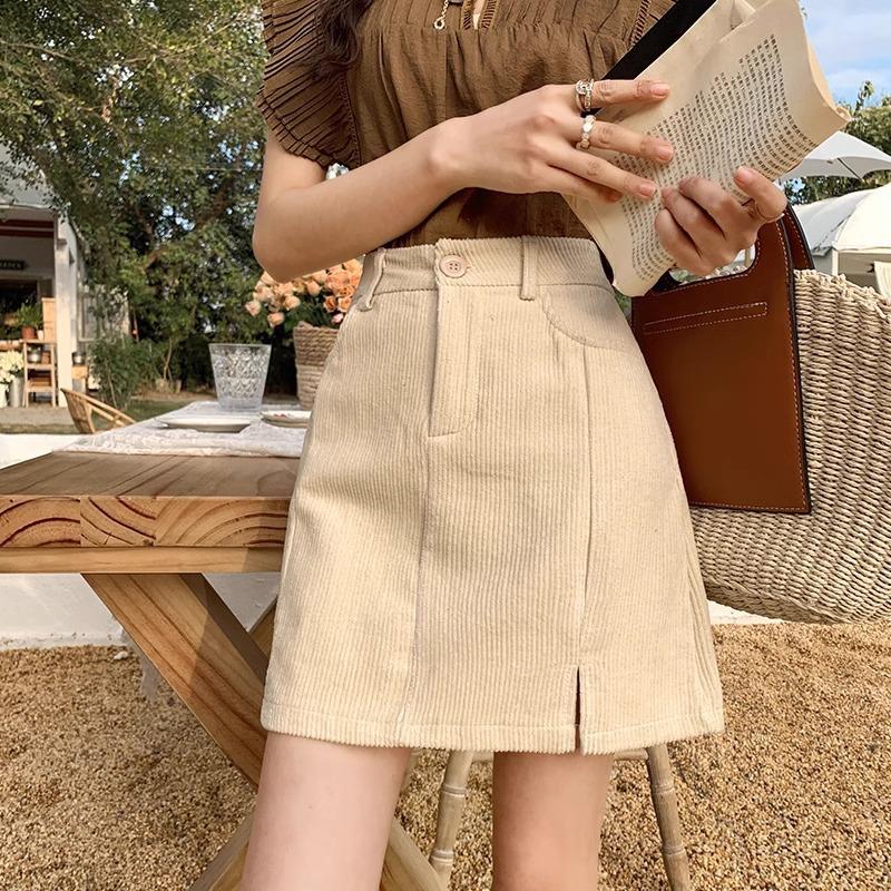 Women's High Waist Corduroy Skirt - Slimming Bodycon, Plus Size, Petite, Coffee Color, Short Length for Spring and Autumn