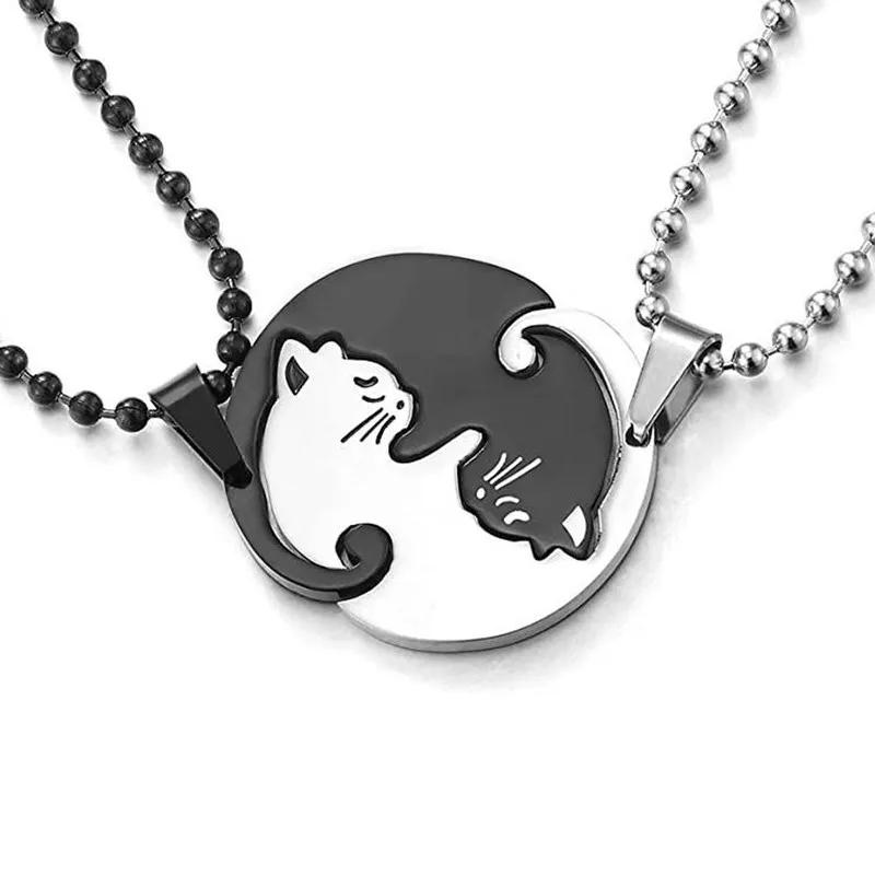 Couple Heart Necklace Cute Cartoon Cat Pendant Necklace Simple Color Black Animal Necklace Jewelry Gift For Girl Boys