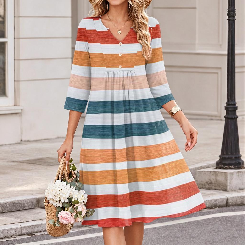 Damen Casual V-Ausschnitt Kleid mit Streifenmuster und 3/4 Ärmeln