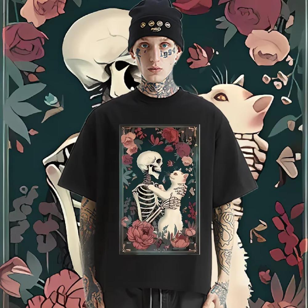 Skull And Cat T Shirt Oversized O-Neck Tee Retro For Men Woman Tees Graphic Printing Clothes Streetwear Tops Loose T-Shirt
