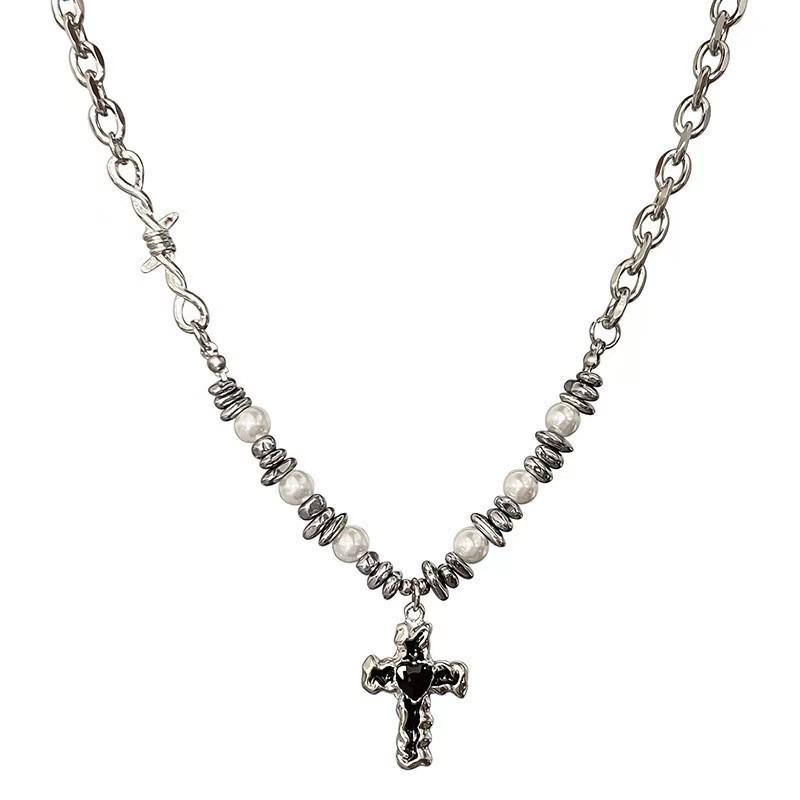 

New pearl shaped stone splicing cross necklace versatile personality niche design sense collarbone chain men and women hip hop