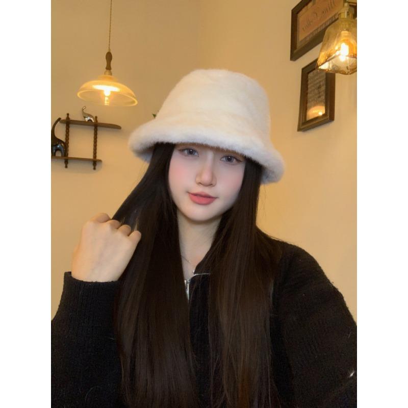 Women S Plush Bucket Hat Korean Style Solid Color Autumn Winter Warm
