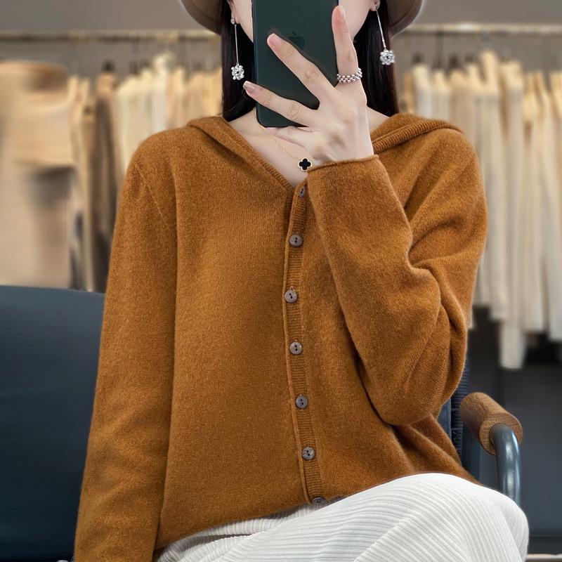 Australian Merino Wool Women's Seamless Hooded Cardigan Sweater