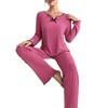 2Pcs/Set Women Pajamas Set V-Neck Long Sleeve Lace Trim Tops Elastic Waist Long Pants Set Solid Color Ribbed Sleepwear