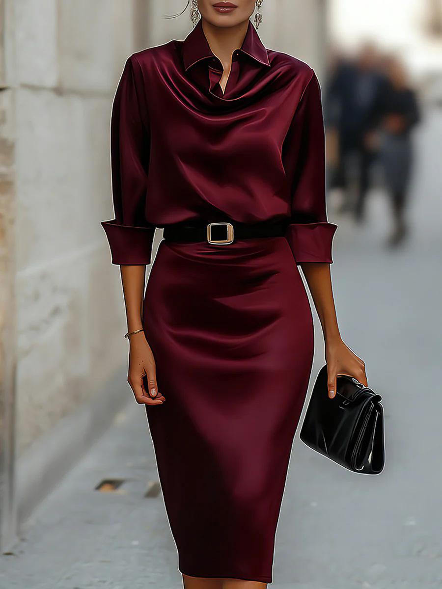 

New, summer waist and thin satin high-end long-sleeved dress for women S бордовый