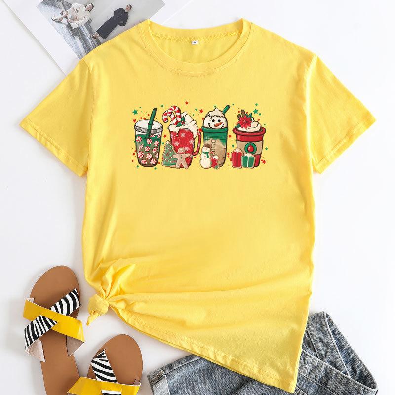 Summer Loose Christmas Print Pure Cotton Round Neck Short Sleeved T-Shirts Women’s
