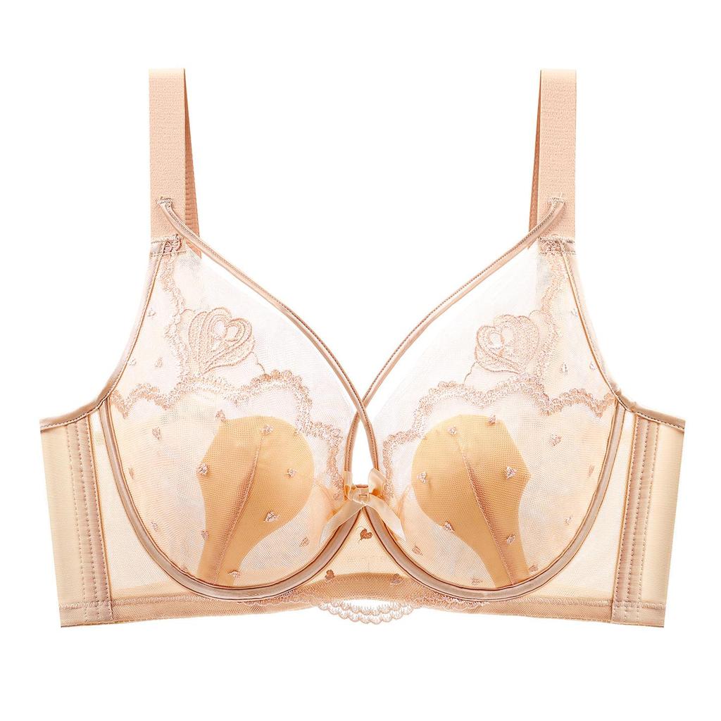 French Style Ultra-Thin Breathable Large Bust Minimizing Push-Up Bra with Soft Underwire and Rabbit Ear Crystal Cup
