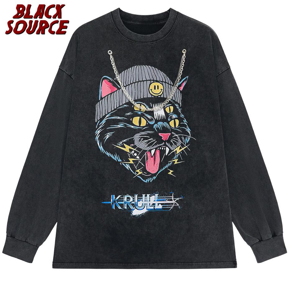 Hip Hop Oversized Tshirt Streetwear Cat Graphic Print Punk Gothic TShirt Men Casual Washed Tee Shirts Harajuku Cotton Tops