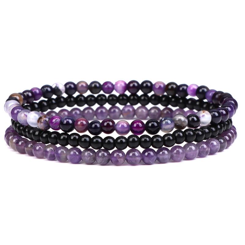 3pcs Amethysts Purple Agates Elastic Bracelets For Women Men Natural Stone Tiger Eye Black Onyx 4mm Beads Bracelet Set Jewelry