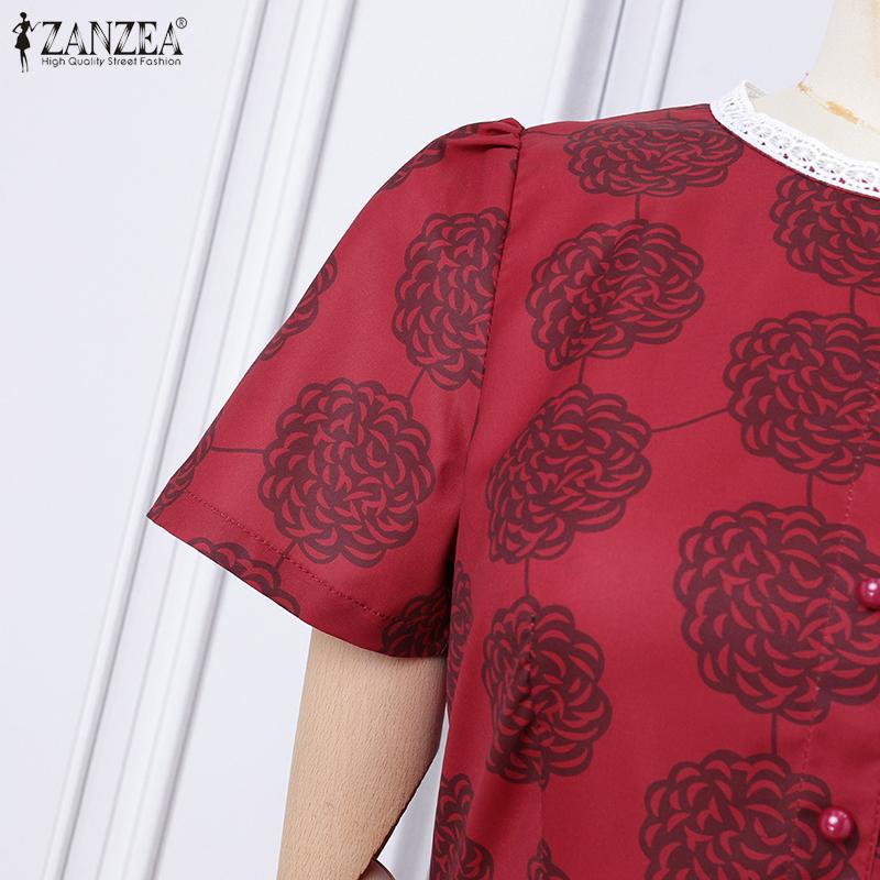 ZANZEA Damen Sommer Spitze Einsatz Rundhals Lässig Kurzarm Druck Kleid